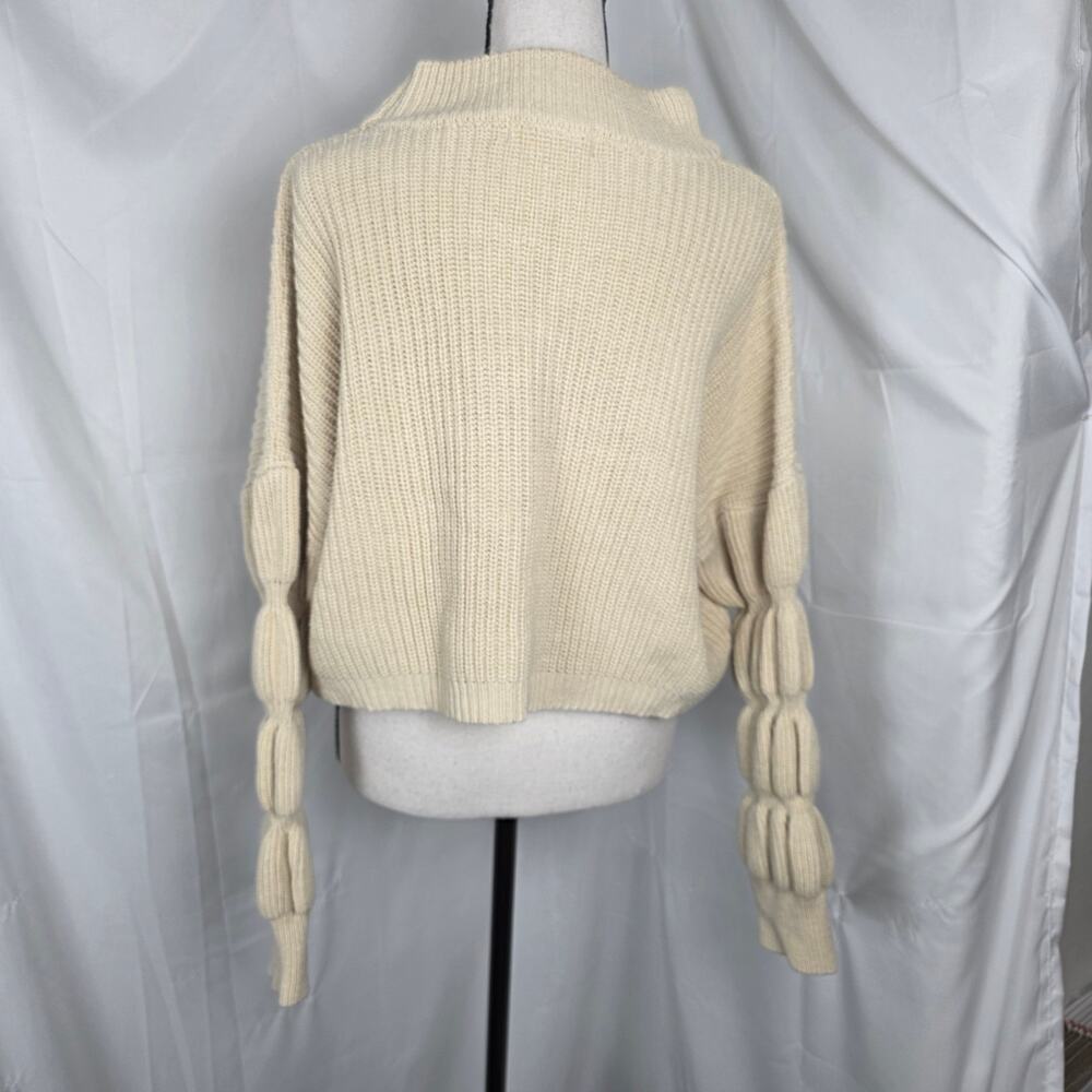 White Lily Sweater Women Small Cream Cropped Bubble Sleeve Mock Neck Chunky Knit